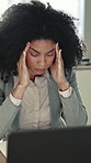 Business woman, laptop and headache in office for project deadline, workload pressure or tension. Frustrated, person and tech with administration, burnout and overworked with brain fog or fatigue