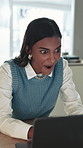 Surprise, woman and reading with laptop in office for good news, promotion and story funding. Excited, person and applause with pc for bonus, positive feedback and celebration for article nomination