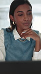 Thinking, planning or woman with laptop in office, campaign schedule proposal or review project budget. Reflection, branding timeline or creative coordinator with resource cost report, pc or research