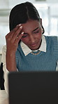 Frustrated, woman and headache with stress in office for project deadline, overworked or strain. Tired, female person employee with migraine or laptop for business mistake or fatigue in workplace