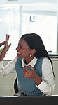 People, laugh and joke in office with laptop, funny idea and playful for meeting on digital marketing. Happy, team and teasing in workplace with humor, computer and creativity for online advertising.