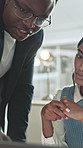 Advice, manager or woman in office with laptop, discussion or director feedback on business pitch. Flare, mentor or employee in agency with technology, guidance or review insight on company proposal.