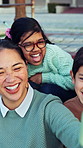 Mom, children and happy with laugh for selfie, joke or post with funny memory for bonding outdoor. Woman, kids and smile with family for photography, connection and profile picture on social media