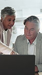 Discussion, manager or people in office with laptop, advice or feedback on business pitch. Flare, director or mature employee in agency with tech, guidance or review insight on company proposal.
