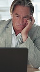 Businessman, laptop and headache in office for project deadline, workload pressure or tension. Frustrated, mature person and tech with administration, burnout and overworked with brain fog or fatigue