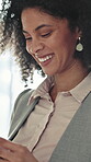 Reading, phone and woman with laugh in office, check social media and digital message notification. Mobile, joke email and employee with app for online communication, smile and browsing funny forum