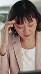 Business woman, fatigue and headache in office for project deadline, workload pressure or tension. Frustrated, person or migraine with administration, burnout and overworked with brain fog or stress