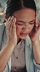 Business woman, stress and headache in office for project deadline, workload pressure or tension. Frustrated, person or migraine with administration, burnout and overworked with brain fog or fatigue