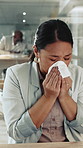 Sneeze, laptop and sick woman with tissue in office, allergy season and viral infection for running nose. Pc, health problem and ill employee with hayfever in workplace, influenza symptoms and sinus 