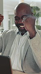Happy, businessman and fist pump in office with laptop, email and success for financial investment. Mature, black person and celebration in workplace with computer, funding approval and finance deal.