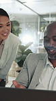 Laptop, discussion and business people in office with review, email and plan for finance investment. Manager, team and talking in workplace with computer, idea and collaboration for funding research.