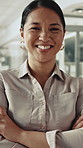 Face, business and woman with arms crossed in office for career pride, about us and real estate. Portrait, female person and happy employee with ambition, realtor experience and property development