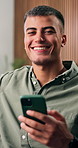 Happy, relax and face of man with phone for social media, online connection and chat in home. Smile, weekend and portrait of person with smartphone for message, internet and website on mobile app