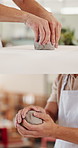Clay, man or hands in creative studio with sculpting, ceramic shape or artistic production in workshop. Crafting, series or artisan with mud, modeling process or manufacturing in pottery business.