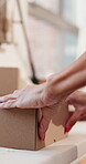 Packing, logistics or hands in workplace with package, box sorting or stock control in startup. Distribution, woman or owner in agency with parcel, order preparation or process in small business.