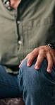 Mental health, thinking or hands in house with nerves, anxiety trigger or memory of past trauma. Stress, flashback or man in living room with overthinking, guilt or tension in emotional thoughts.
