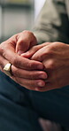 Mental health, thinking or hands in home with nerves, anxiety trigger or memory of past trauma. Stress, flashback or male person in house with overthinking, fear or tension in emotional thoughts.