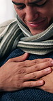 Sick, massage or man with chest pain in home, respiratory infection or viral disease for discomfort. Heartburn, asthma or person with pneumonia for congestion, flu virus or winter season for illness