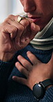 Sick, hands and person with cough for chest pain, respiratory infection and viral disease for discomfort. Home, asthma and man with pneumonia for congestion, flu virus and winter season for illness