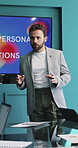 Discussion, presentation and man in meeting, planning for investment deal and feedback for profit. Person, financial advisor and stats report in workplace, conversation and speaker for economy info