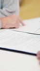 Hands, financial advisor and old woman in home, documents for mortgage and asset management. Business agent consulting with elderly client for insurance policy, conversation or pension checklist