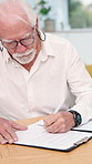 Financial advisor, old man and documents for home, signature and asset management. Business agent consulting with senior client for insurance policy, writing or paperwork for pension checklist