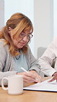 Attorney, old woman or sign documents in home for last will, asset distribution or legal agreement. Meeting, laywer or senior client with signature for testament consent, approval or terms acceptance