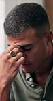 Man, headache and stress in home with eye strain, exhausted and frustrated with brain fog in living room. Person, fatigue and migraine with chronic pain, burnout and tired with vertigo at apartment