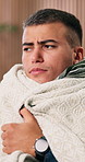 Sick, blanket and man with cough in home, respiratory infection and viral disease for fever symptoms. Cold, congestion and person with pneumonia for discomfort, flu virus or winter season for illness