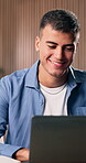 Business man, laptop and happy in creative office for online research, typing and funny content or article. Male journalist, laughing and writing story for magazine blog, comic or planning on web