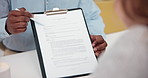 Paperwork, hands and businessman with client in office for finance contract with loan agreement. Application form, discussion and financial advisor with customer for investment documents in workplace