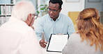 Documents, hands and businessman with couple in office for finance contract with retirement. Application form, discussion and financial advisor with clients for investment paperwork in workplace