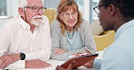 Tablet, discussion and businessman with senior couple in home for online finance contract with retirement. Technology, meeting and financial advisor with elderly clients for investment paperwork.