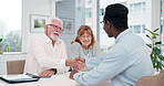Happy, handshake and old couple in office with insurance agent, meeting and planning for retirement. Married, senior people and worker shaking hands in agency for policy discussion, welcome or thanks