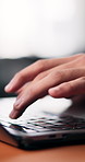 Typing, keyboard and hands of person on laptop for remote work, copywriting and website content. Freelancer, closeup and worker on computer for online report, editing feedback or research for article