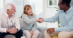 Welcome, handshake and old couple in office with insurance agent, greeting or talk for retirement. Married, senior people and worker shaking hands in agency for policy discussion, planning or meeting