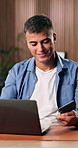 Happy man, laptop and office with credit card for online shopping, payment or purchase. Male person, shopper or user with computer or debit for wireless transaction, banking app or ecommerce in house