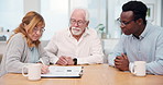 Documents, writing and businessman with senior couple in home for finance contract with loan agreement. Application, discussion and financial advisor with elderly clients for investment paperwork.