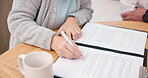 Hands, old person or sign documents in meeting for last will, asset distribution or legal compliance. Attorney, senior client and signature in home for testament consent, approval and terms agreement
