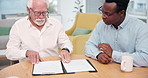 Contract, discussion and businessman with client in office for finance documents with loan agreement. Application, meeting and financial advisor with customer for investment paperwork in workplace.