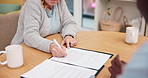 Documents, writing and businessperson with client in office for finance contract with loan agreement. Application, discussion and financial advisor with customer for investment paperwork in workplace
