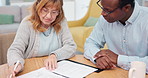 Documents, writing and businessman with senior woman in home for retirement contract with finance deal. Application form, discussion and financial advisor with elderly client for investment paperwork