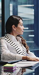 Woman, thinking and window on break at office with smile, documents or reflection at insurance company. Mature person, broker and done with laptop, happy and perspective at risk management agency