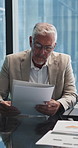 Business, CEO and meeting with documents in office for financial review, market expansion or graphs. Mature man, directors board and discussion for merger plan, company performance or risk management