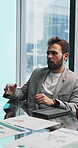 Business, man and meeting with discussion in office for financial review, market expansion or graphs. Board of directors, investor and feedback on company performance, merger plan or fairness opinion
