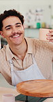 Ceramics, smile or man with photography in workshop, social media post or pride for handmade creation. Pottery, clay sculpture or person with happiness for diy project, picture or crafting studio