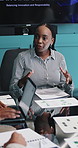 Meeting, talking and business woman in boardroom for financial review, innovation and investment. Office, team and workers in discussion for finance proposal, planning and presentation for growth