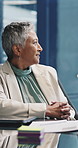 Woman, thinking and smile at office on break, close laptop and reflection at insurance company. Mature person, broker and done with computer, finished or happy for career at risk management agency