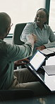 Business people, shaking hands and happy with team, office meeting and goals at insurance company. Group, smile and handshake with success, congratulations or achievement at risk management agency