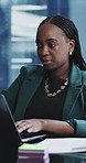Black woman, laptop and typing with report at office, documents and review policy at insurance company. African person, broker and admin with computer, notes and proposal at risk management agency